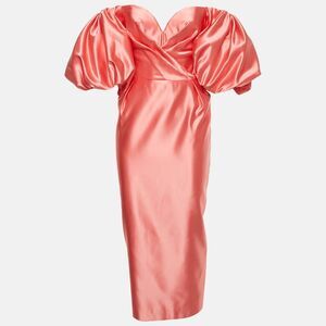 Rasario Pink Satin Puff Sleeve Strapless Corset Midi Dress S